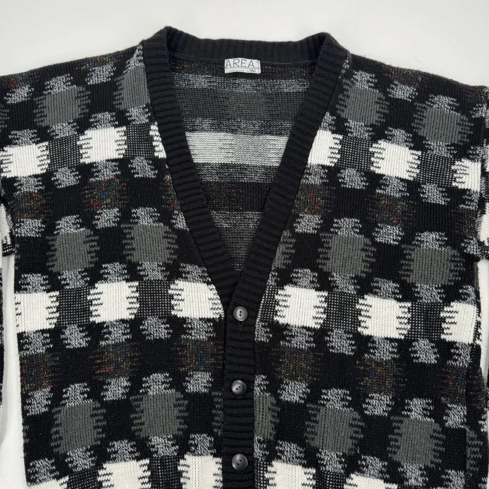 Vintage AREA Black White Gray Plaid Button V Neck Cardigan‎ Sweater Men's Large